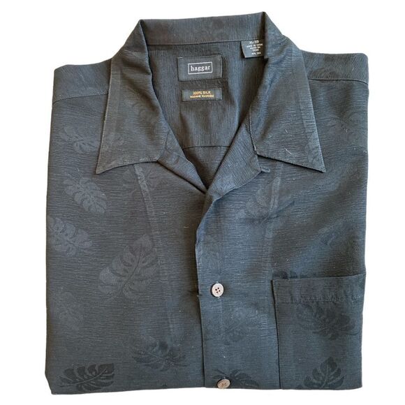 HAGGAR 100% Silk Black Short Sleeve Button Down Casual Shirt - Picture 3 of 6